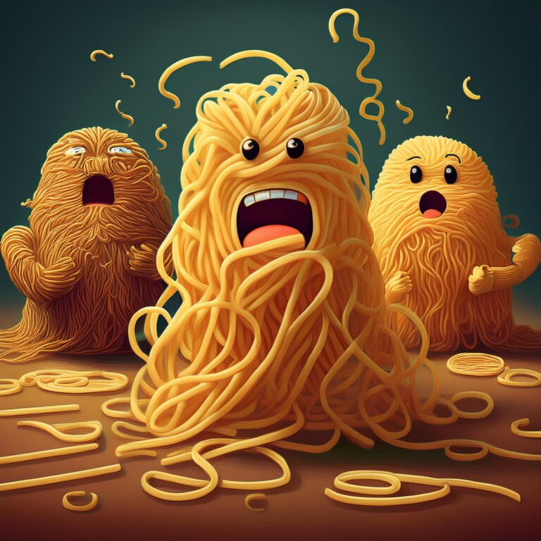 Maggie noodles in a competetion, one noodle winning, other noodles confused and sad